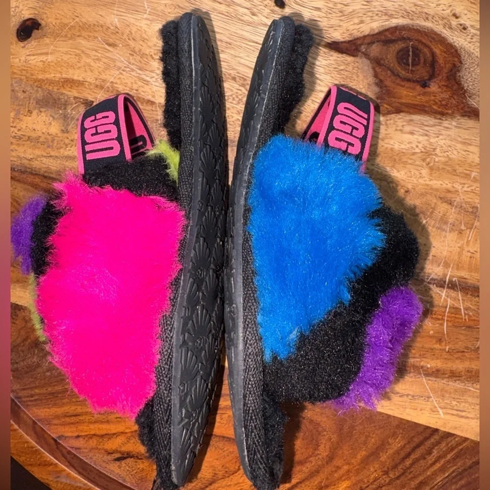 UGG Fluff Yeah Party Spots Fur Lined Slippers Sandals w/ Strap Toddlers Sz 9